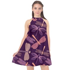 Dragonfly-pattern-design Halter Neckline Chiffon Dress 