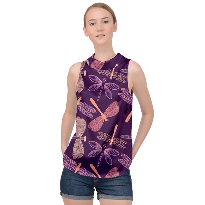 Dragonfly-pattern-design High Neck Satin Top