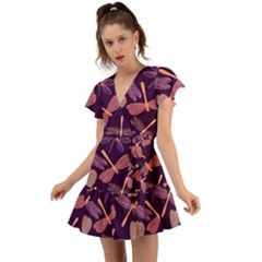 Dragonfly-pattern-design Flutter Sleeve Wrap Dress