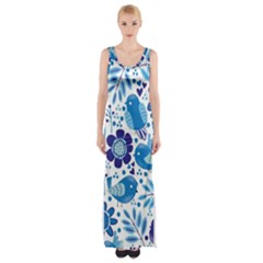 Pattern-with-birds Thigh Split Maxi Dress