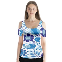 Pattern-with-birds Butterfly Sleeve Cutout Tee 