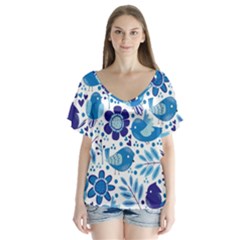 Pattern-with-birds V-neck Flutter Sleeve Top