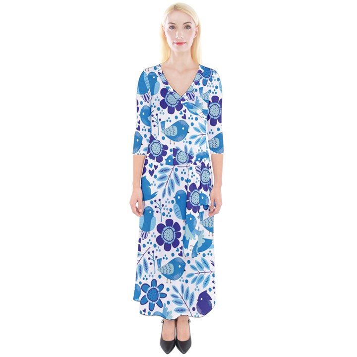 Pattern-with-birds Quarter Sleeve Wrap Maxi Dress