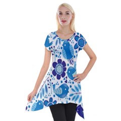 Pattern-with-birds Short Sleeve Side Drop Tunic