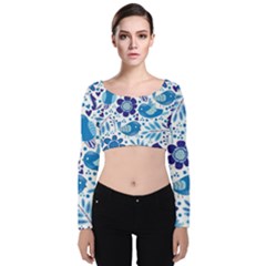 Pattern-with-birds Velvet Long Sleeve Crop Top