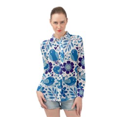 Pattern-with-birds Long Sleeve Chiffon Shirt