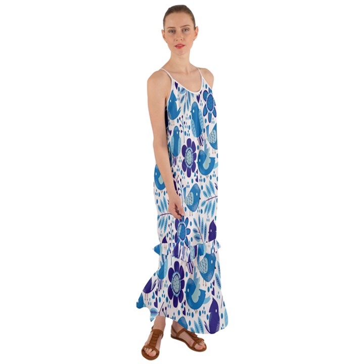 Pattern-with-birds Cami Maxi Ruffle Chiffon Dress