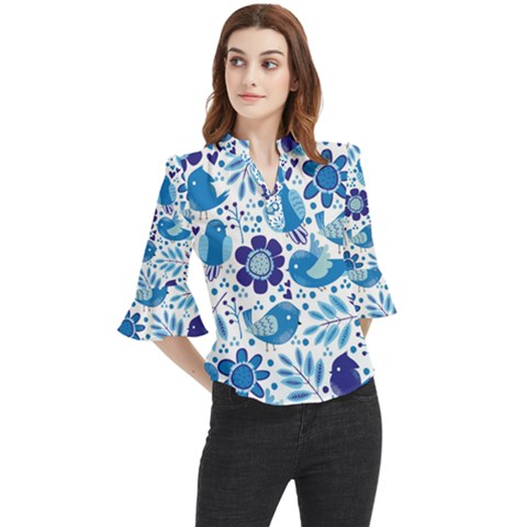 Pattern-with-birds Loose Horn Sleeve Chiffon Blouse by Jancukart