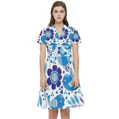 Pattern-with-birds Short Sleeve Waist Detail Dress