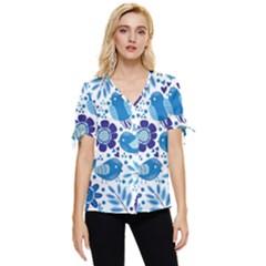 Pattern-with-birds Bow Sleeve Button Up Top