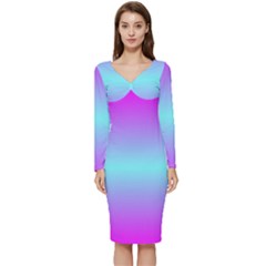 Ombre Pink And Blue Long Sleeve V-neck Bodycon Dress  by FunDressesShop