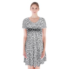 Black And White Hello Text Motif Random Pattern Short Sleeve V-neck Flare Dress