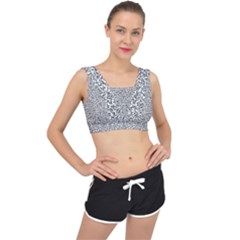 Black And White Hello Text Motif Random Pattern V-back Sports Bra by dflcprintsclothing