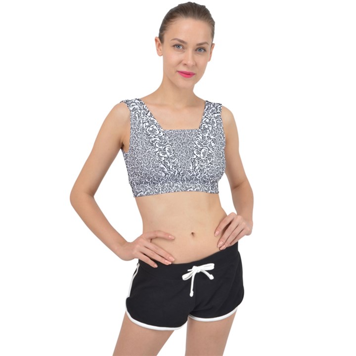 Black And White Hello Text Motif Random Pattern V-Back Sports Bra