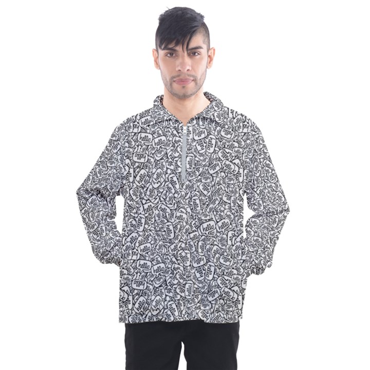 Black And White Hello Text Motif Random Pattern Men s Half Zip Pullover