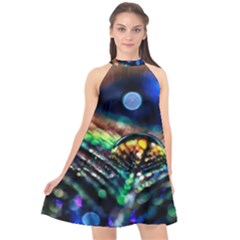 Peacock Feather Drop Halter Neckline Chiffon Dress  by artworkshop