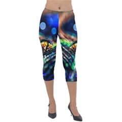 Peacock Feather Drop Lightweight Velour Capri Leggings  by artworkshop