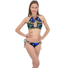 Peacock Feather Drop Cross Front Halter Bikini Set by artworkshop