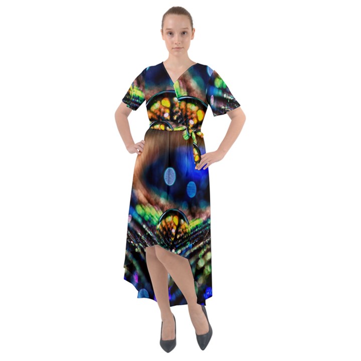 Peacock Feather Drop Front Wrap High Low Dress