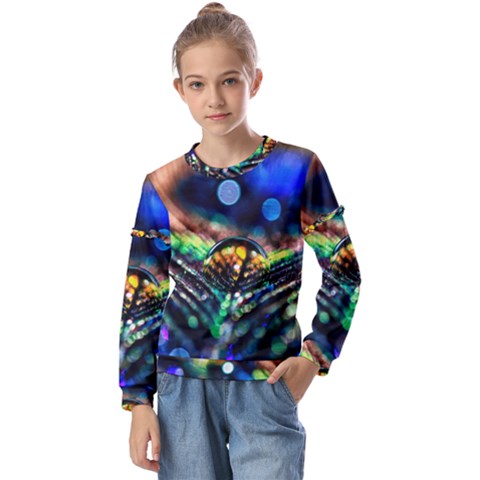 Peacock Feather Drop Kids  Long Sleeve Tee With Frill  by artworkshop