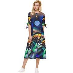 Peacock Feather Drop Bow Sleeve Chiffon Midi Dress