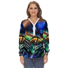 Peacock Feather Drop Zip Up Long Sleeve Blouse