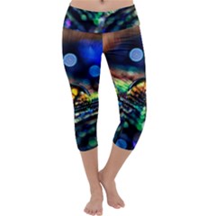 Peacock Feather Drop Capri Yoga Leggings by artworkshop