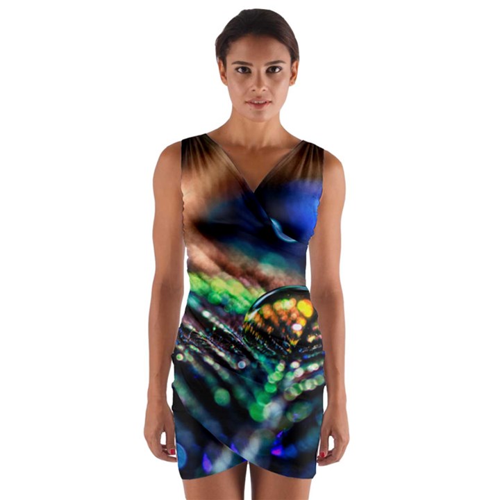 Peacock Feather Drop Wrap Front Bodycon Dress