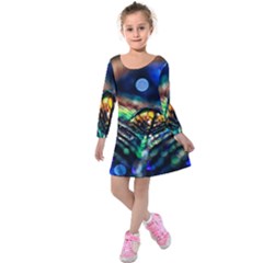 Peacock Feather Drop Kids  Long Sleeve Velvet Dress by artworkshop