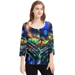 Peacock Feather Drop Chiffon Quarter Sleeve Blouse