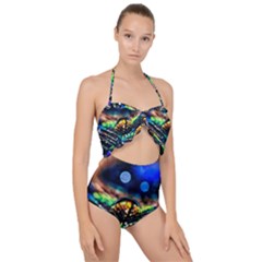 Peacock Feather Drop Scallop Top Cut Out Swimsuit by artworkshop