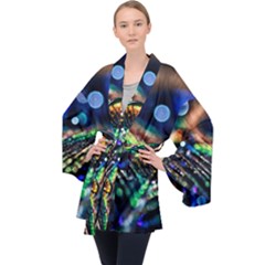 Peacock Feather Drop Long Sleeve Velvet Kimono 