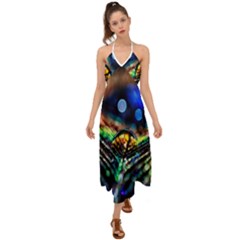 Peacock Feather Drop Halter Tie Back Dress 