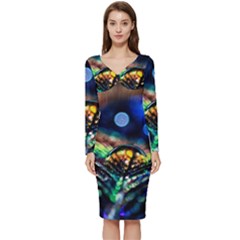 Peacock Feather Drop Long Sleeve V-neck Bodycon Dress 