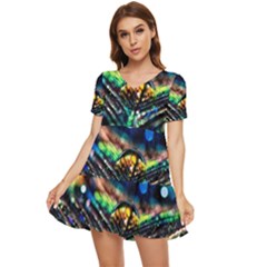 Peacock Feather Drop Tiered Short Sleeve Babydoll Dress by artworkshop