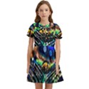 Peacock Feather Drop Kids  Bow Tie Puff Sleeve Dress View1