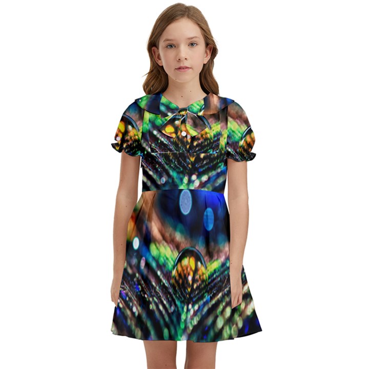 Peacock Feather Drop Kids  Bow Tie Puff Sleeve Dress