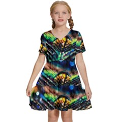 Peacock Feather Drop Kids  Short Sleeve Tiered Mini Dress