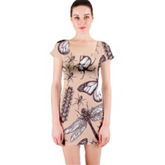 Vintage-drawn-insect-seamless-pattern Short Sleeve Bodycon Dress