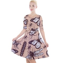 Vintage-drawn-insect-seamless-pattern Quarter Sleeve A-line Dress