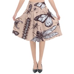 Vintage-drawn-insect-seamless-pattern Flared Midi Skirt