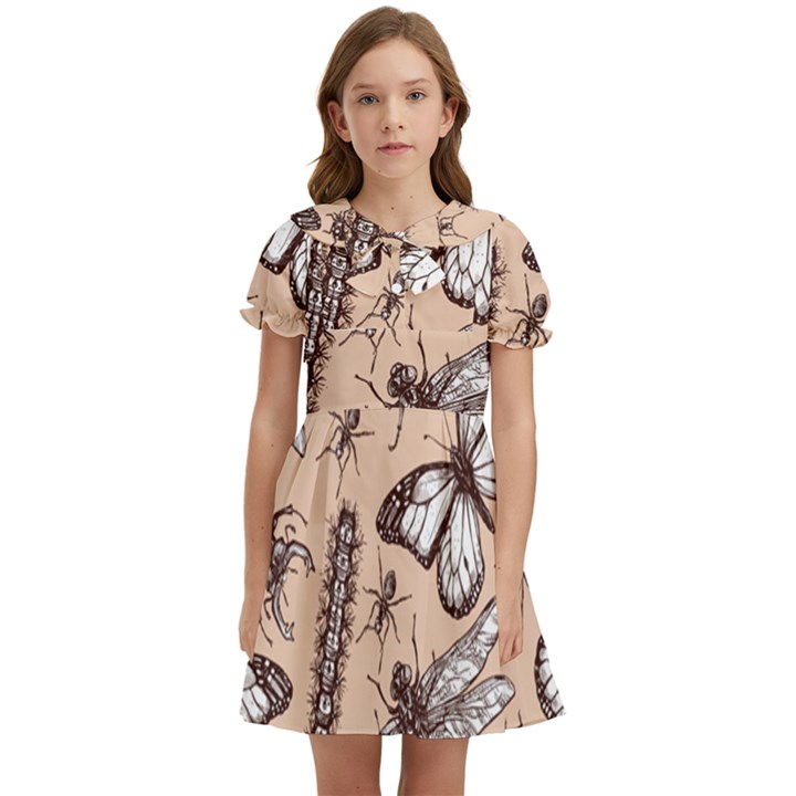 Vintage-drawn-insect-seamless-pattern Kids  Bow Tie Puff Sleeve Dress