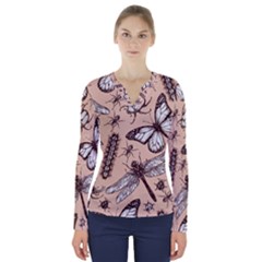 Vintage-drawn-insect-seamless-pattern V-neck Long Sleeve Top