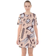 Vintage-drawn-insect-seamless-pattern Sixties Short Sleeve Mini Dress