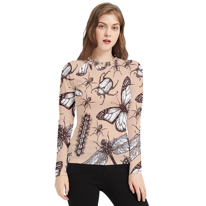 Vintage-drawn-insect-seamless-pattern Women s Long Sleeve Rash Guard