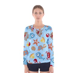 Seamless-pattern-funny-marine-animals-cartoon Women s Long Sleeve Tee