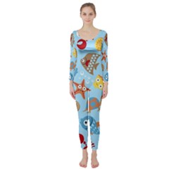 Seamless-pattern-funny-marine-animals-cartoon Long Sleeve Catsuit