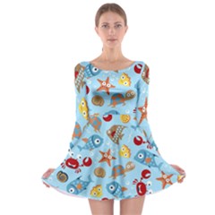 Seamless-pattern-funny-marine-animals-cartoon Long Sleeve Skater Dress