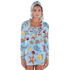 Seamless-pattern-funny-marine-animals-cartoon Long Sleeve Hooded T-shirt