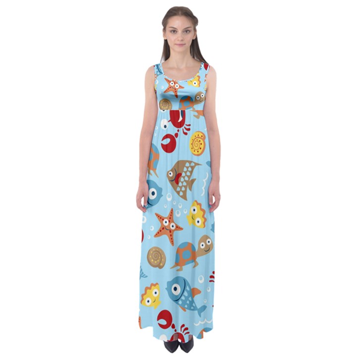 Seamless-pattern-funny-marine-animals-cartoon Empire Waist Maxi Dress